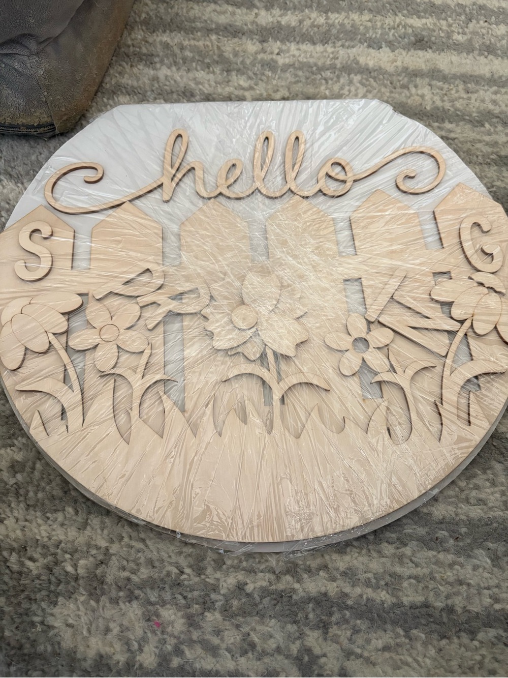 Hello Floral Wooden Door Hanger - Natural Wood
